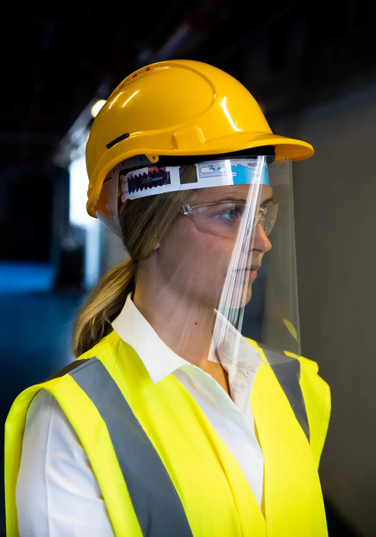Sanity Cares face shield worn with PPE
